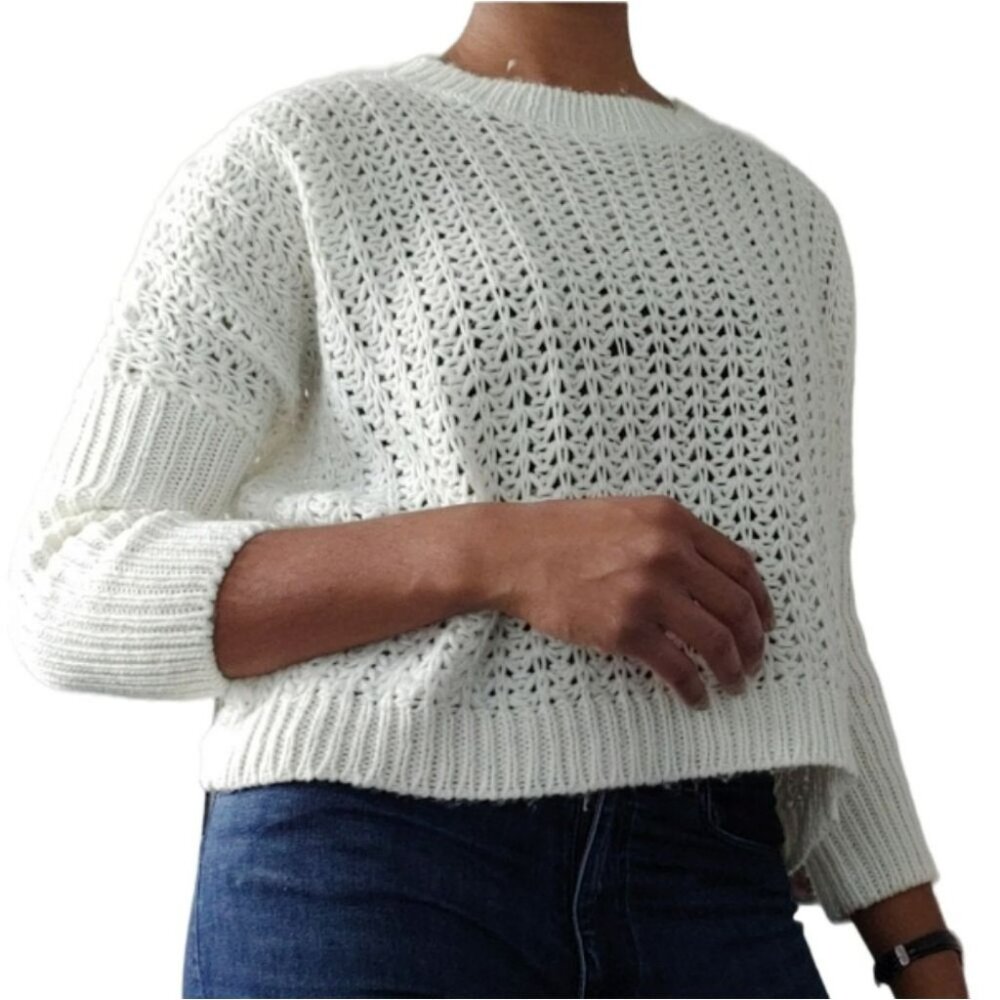 UK2LA | Cream Knit Synched Sleeves Crew Neck Drop Shoulder Sweater (Size L)